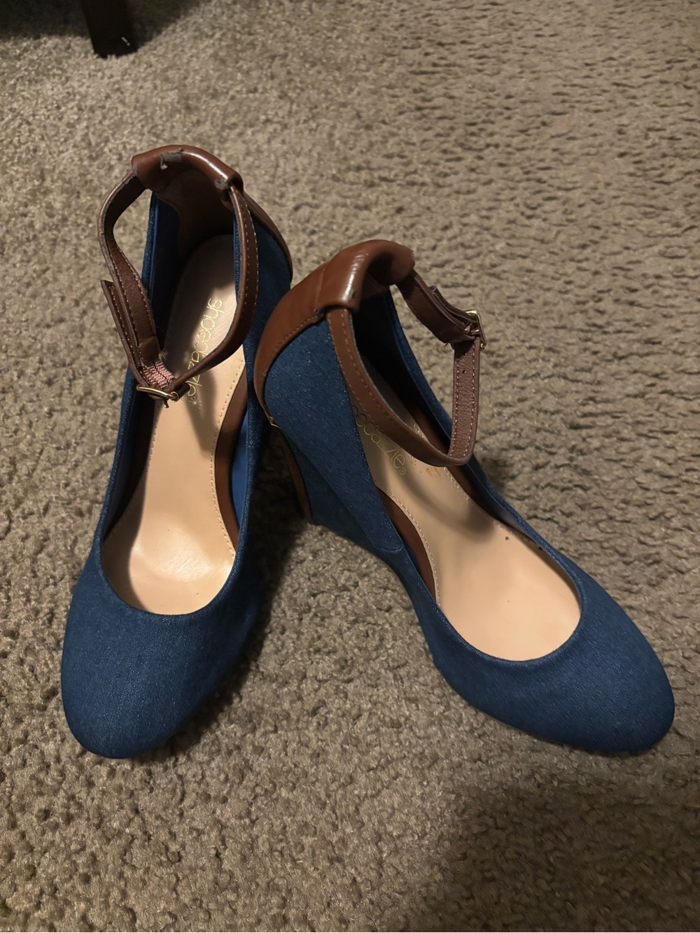 Shoe Dazzle Blue Denim Wedge Heels with Brown Ankle Strap